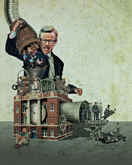 Steve Caplin illustration of Michael Gove and a machine making teachers